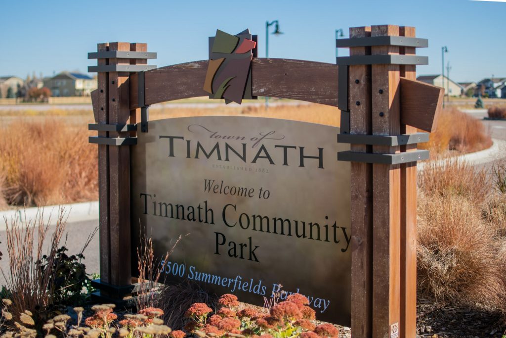 Google Business Profile Harmony Road Timnath welcome sign for Timnath Community Park by Top Click Joe Inc.