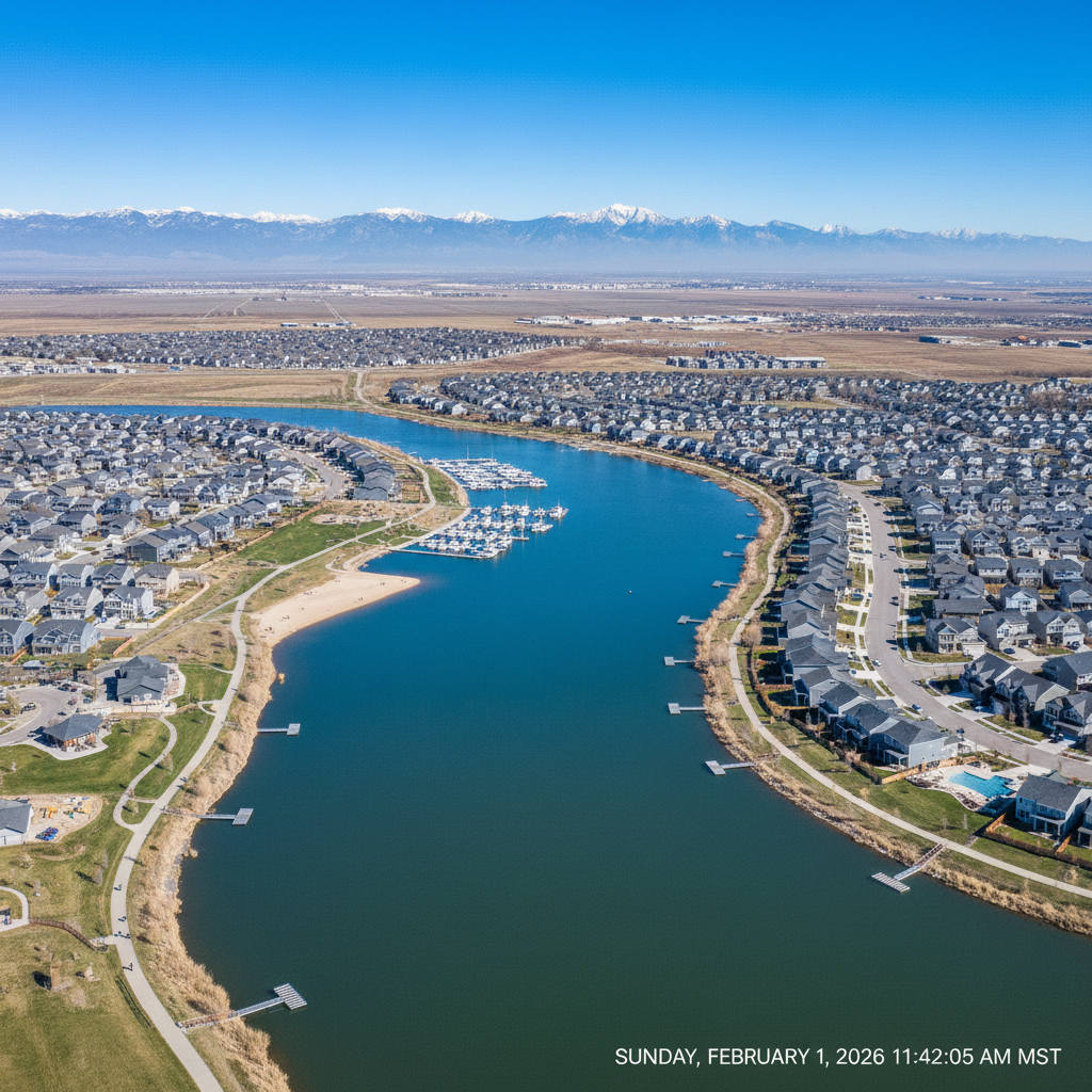 Aerial view of Timnath Reservoir and mountains; Local SEO Timnath CO by Top Click Joe Inc. connects brands to the community.