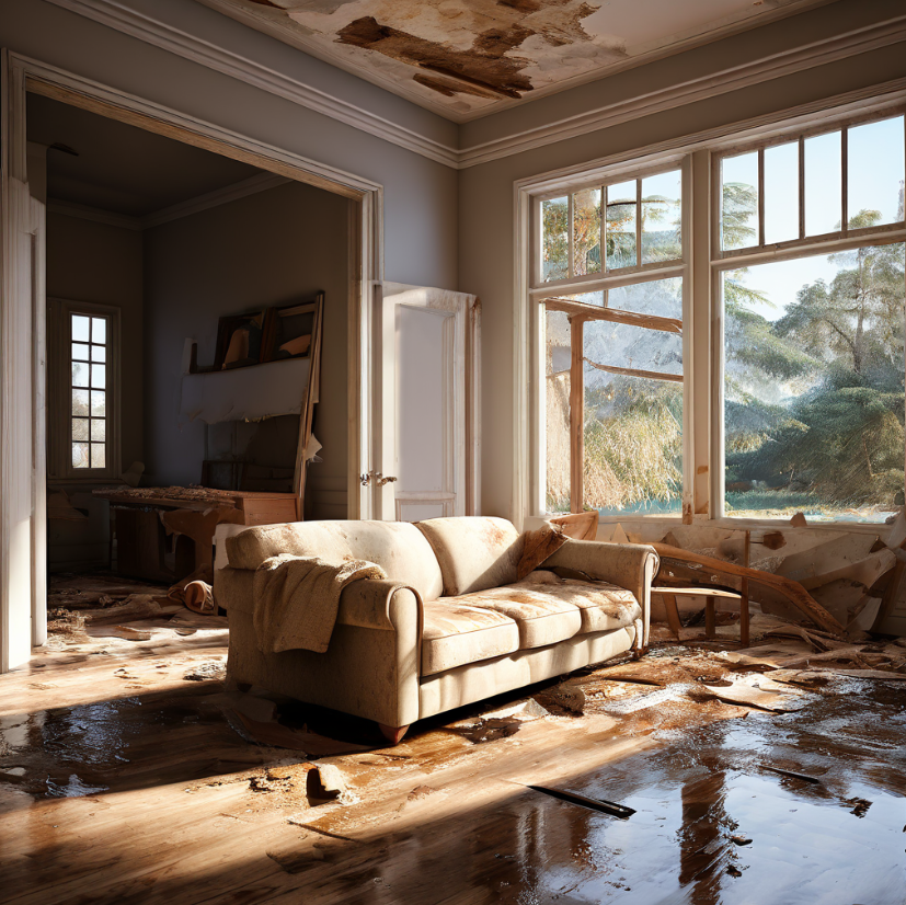 Water Damage Restoration Colorado Springs CO by Premier Carpet Cleaning: Living room with severe flooding and ceiling damage.