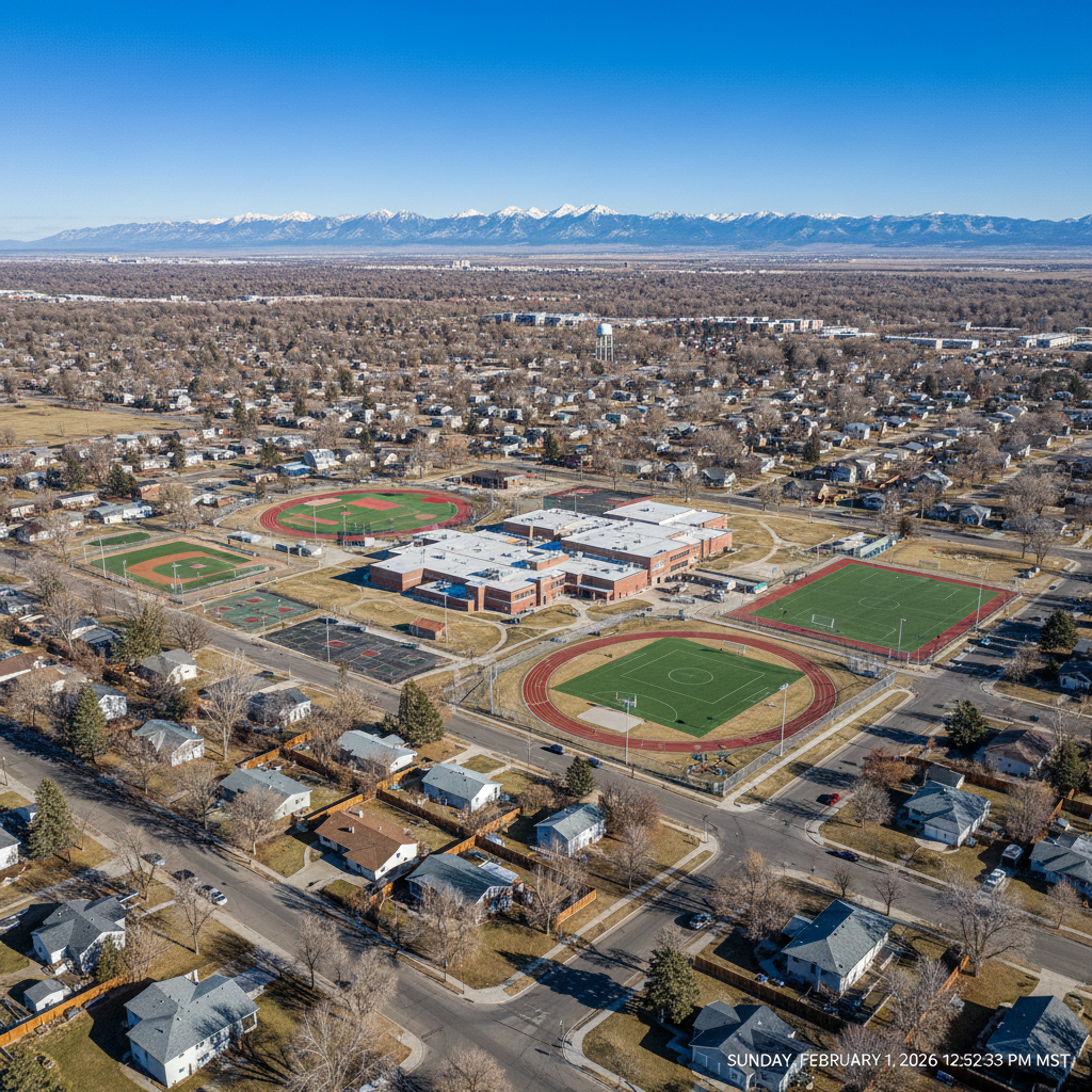 Aerial view of Google Business Profile near Wellington Middle School by Top Click Joe Inc, showing fields and mountains.