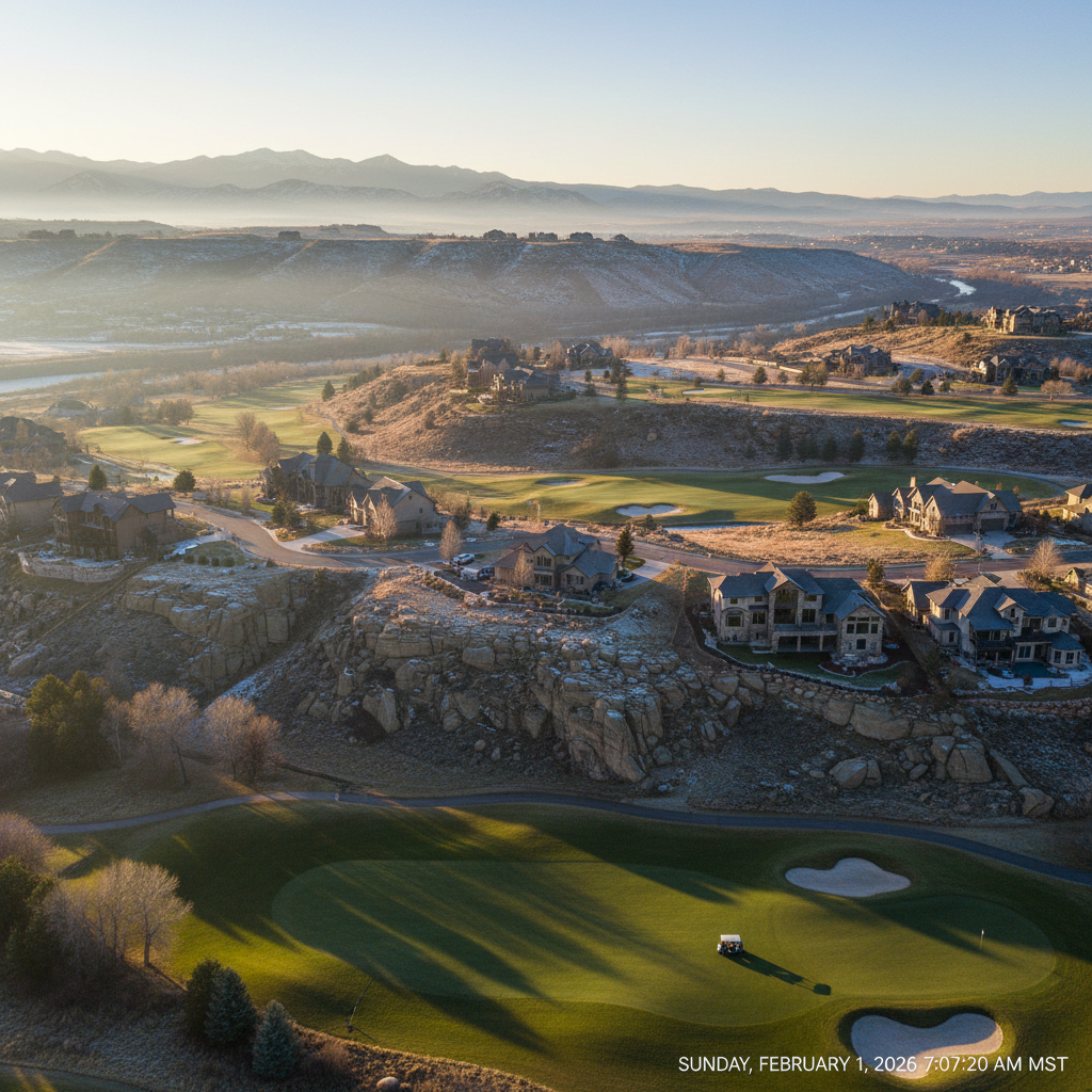 Golf course and luxury homes in Loveland Colorado neighborhoods served by Top Click Joe Inc. at Mariana Butte at sunrise.