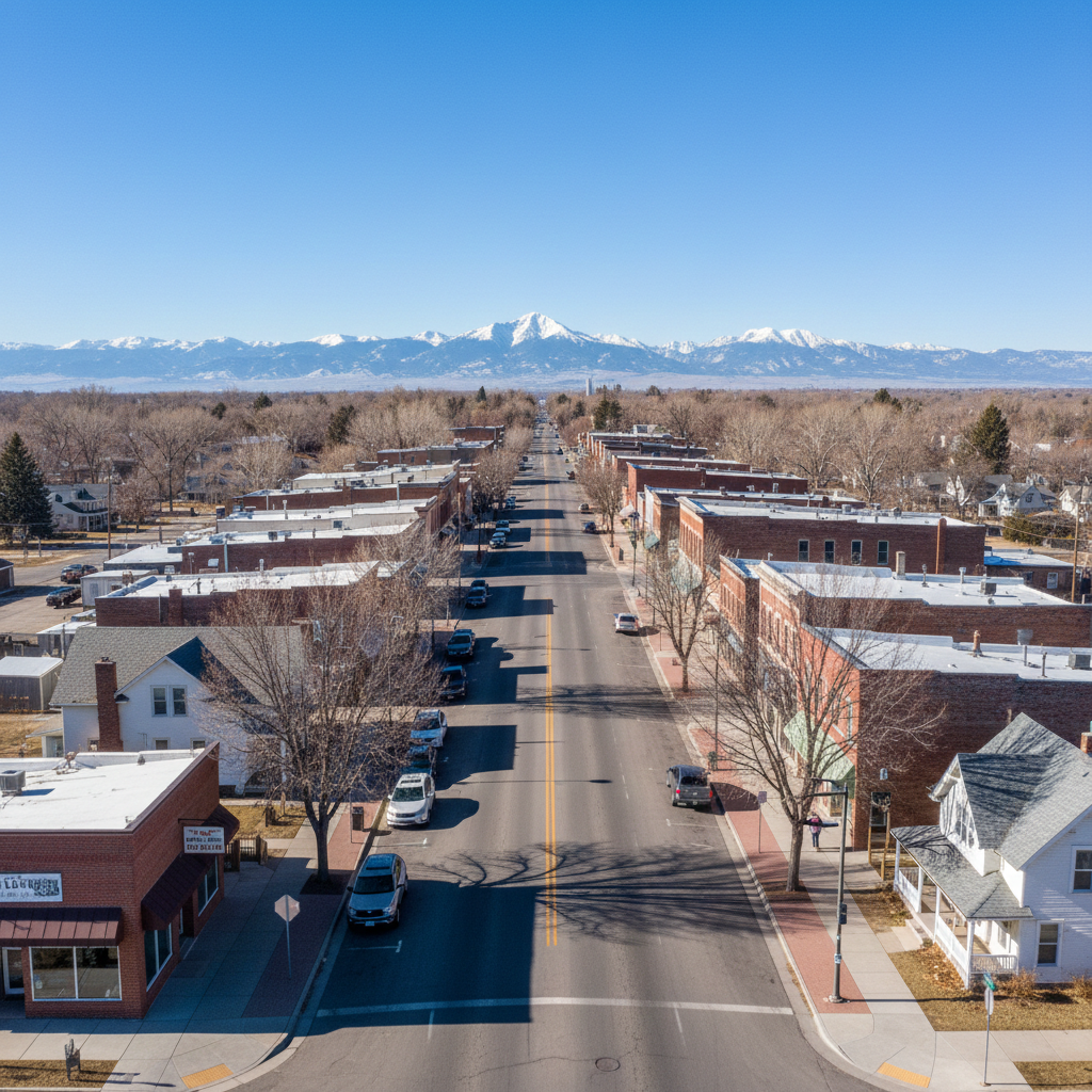 Aerial street view of shops and distant snowy mountains. Local SEO Downtown Wellington CO by Top Click Joe Inc. helps to win.