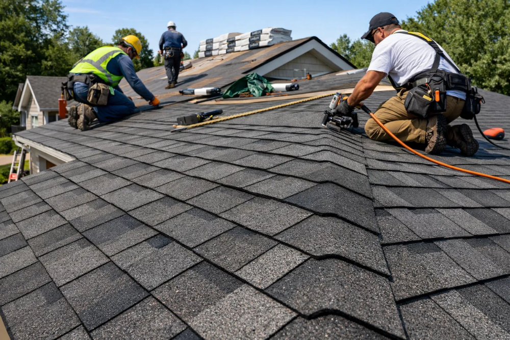 Winston Residential Roof installation in progress by professional contractors, showing new architectural shingles being laid.