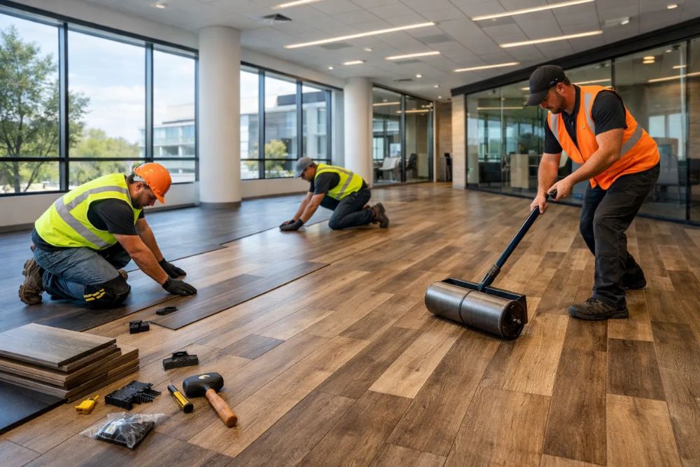 Professional Alpharetta GA commercial flooring installation of luxury vinyl planks in a modern office.