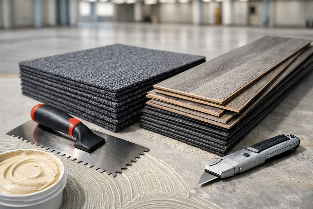High-quality materials and tools for an Alpharetta GA commercial flooring installation project.