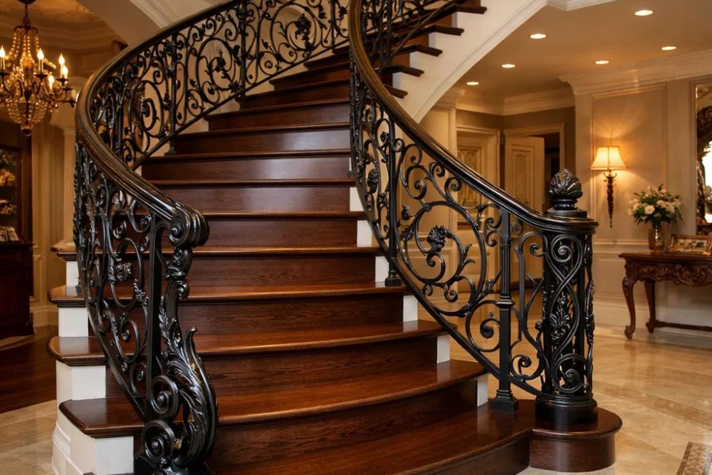 Elegant classic staircase with wrought iron handrail in Alpharetta GA, showcasing intricate design.