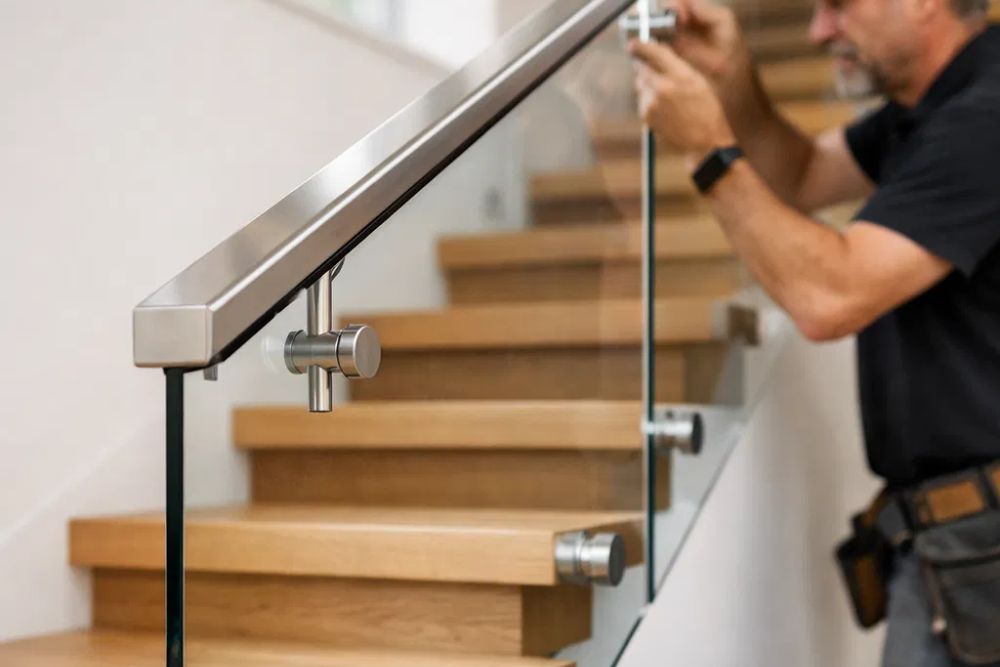 Modern staircase and glass handrail installation in Alpharetta GA, featuring a skilled craftsman.