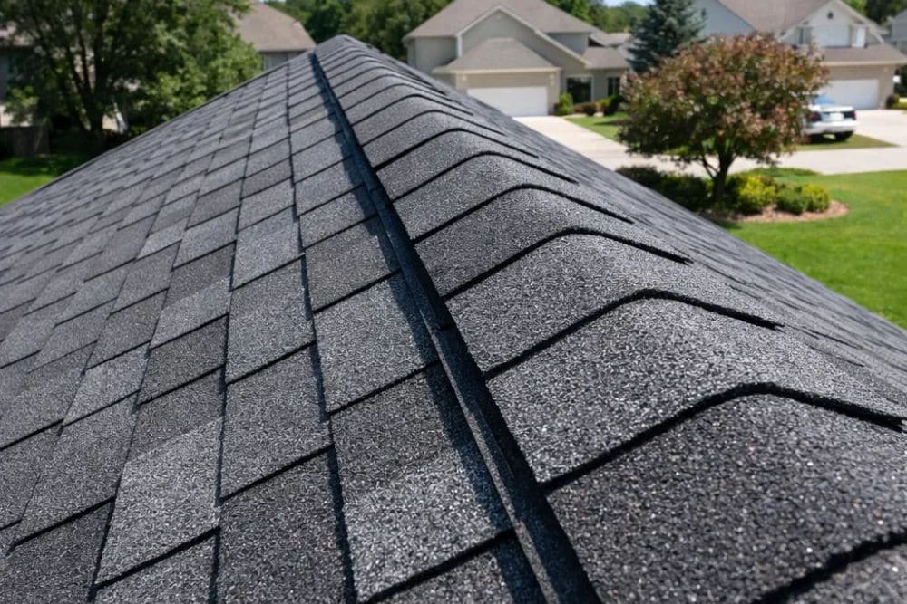 Professional Asphalt Shingle Roofing New Berlin installation showing high-quality slate grey architectural shingles on a suburban home.