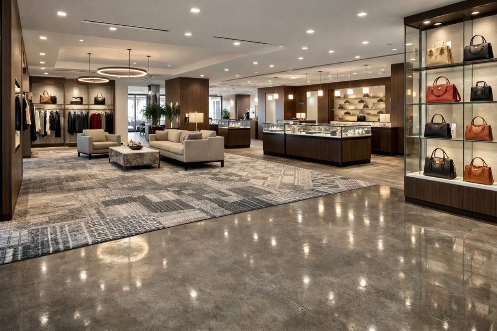 Completed Buckhead, GA Commercial Flooring Installation in a luxury retail showroom with polished concrete and designer carpet.