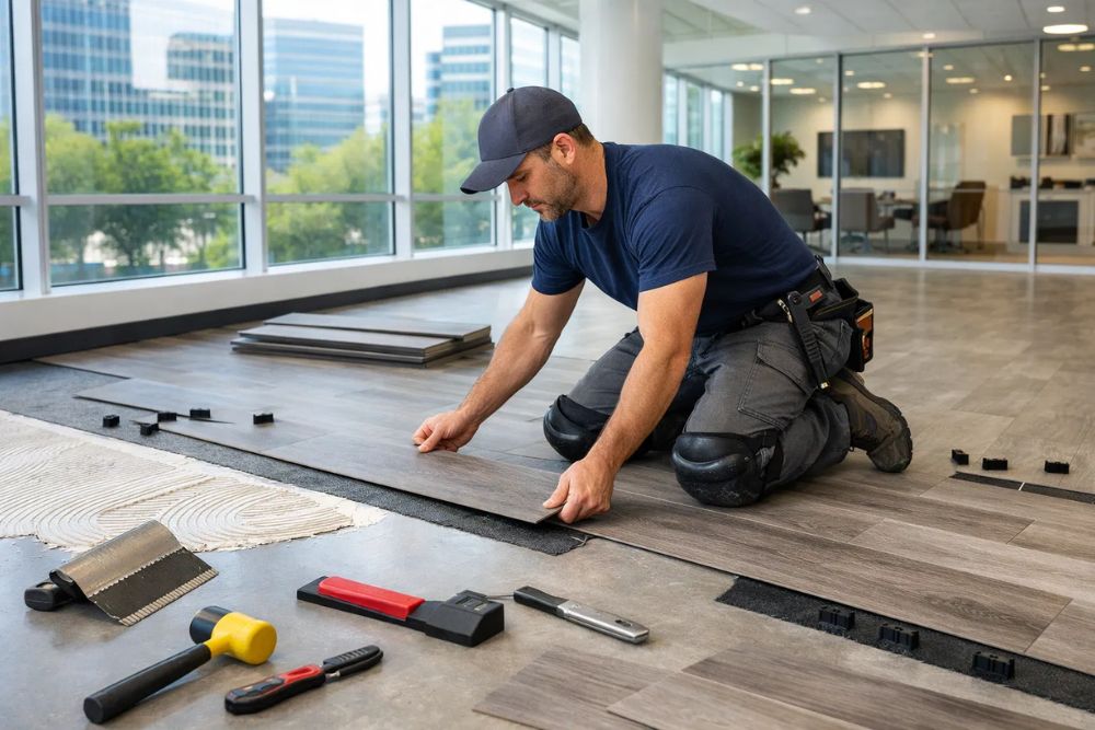 Professional Buckhead, GA Commercial Flooring Installation featuring modern luxury vinyl tile in a corporate office.