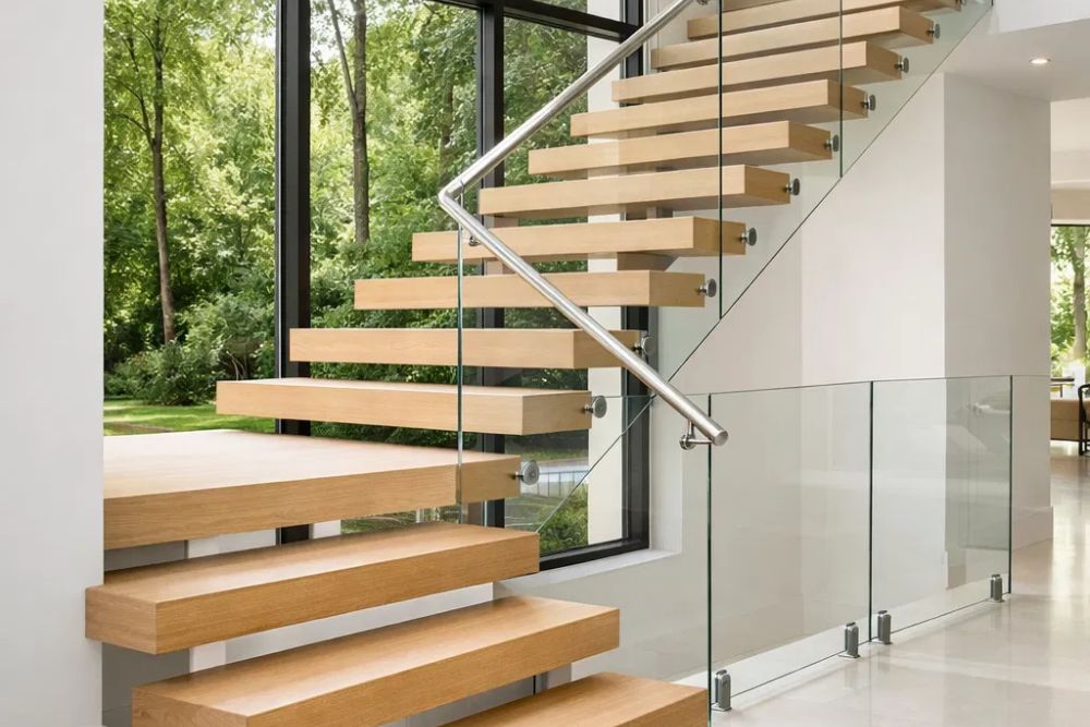 Modern floating white oak staircase with glass handrails in a luxury Buckhead, GA home. Expert Buckhead, GA Staircase and Handrail Installation.