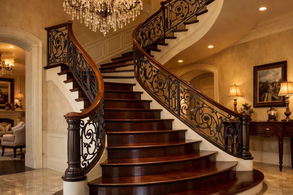 Grand curved mahogany staircase with intricate wrought iron handrails in a traditional Buckhead, GA estate. Premier Buckhead, GA Staircase and Handrail Installation.