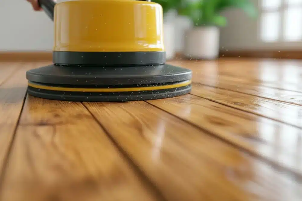 Professional hardwood floor clean and buff Bellevue WA service using a high-speed floor polisher.