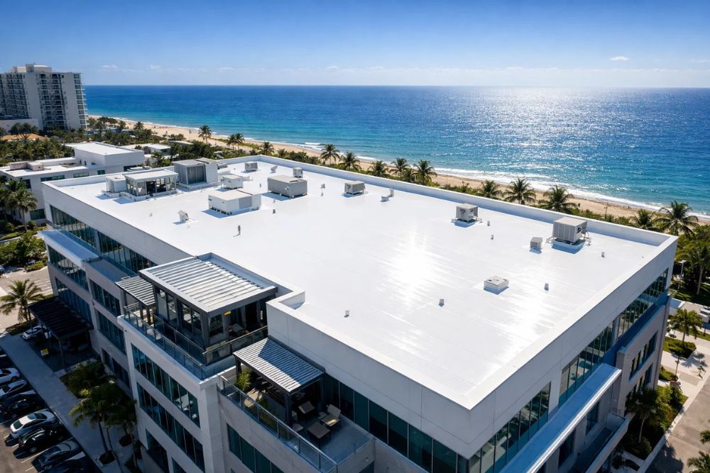 Modern white TPO commercial roofing system on a building in Pompano Beach with Atlantic Ocean background.