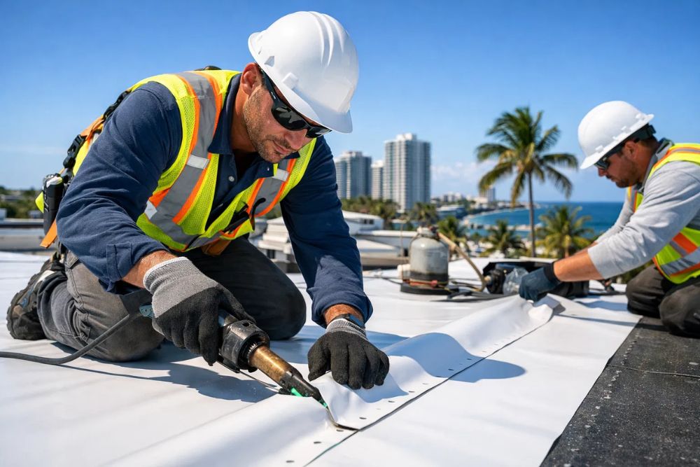Professional contractors installing a durable commercial roofing membrane in Pompano Beach.