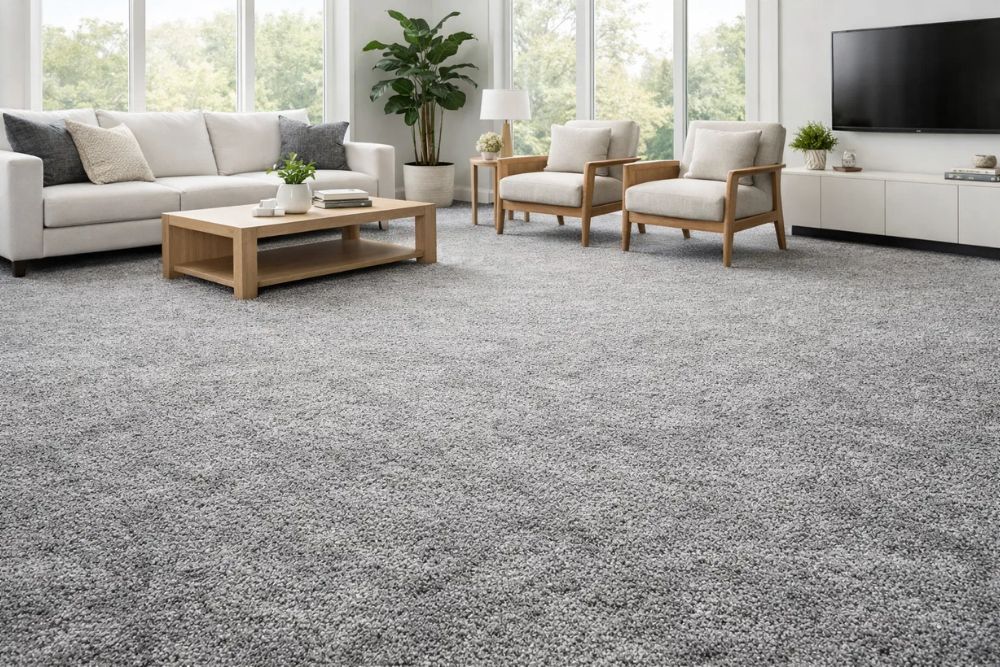 A modern living room featuring a premium Decatur, GA Carpet Installation with plush grey carpeting.