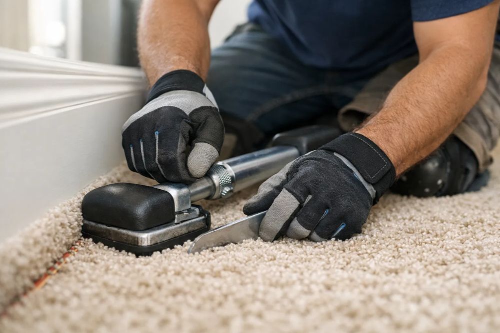 Professional Decatur, GA Carpet Installation in progress showing a technician using a knee kicker to stretch the carpet.