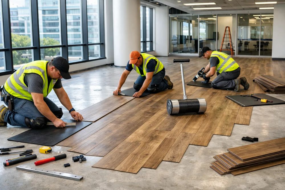 Professional team performing a Decatur, GA Commercial Flooring Installation in a modern office.