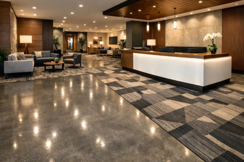 Elegant finished lobby showcasing high-quality Decatur, GA Commercial Flooring Installation.