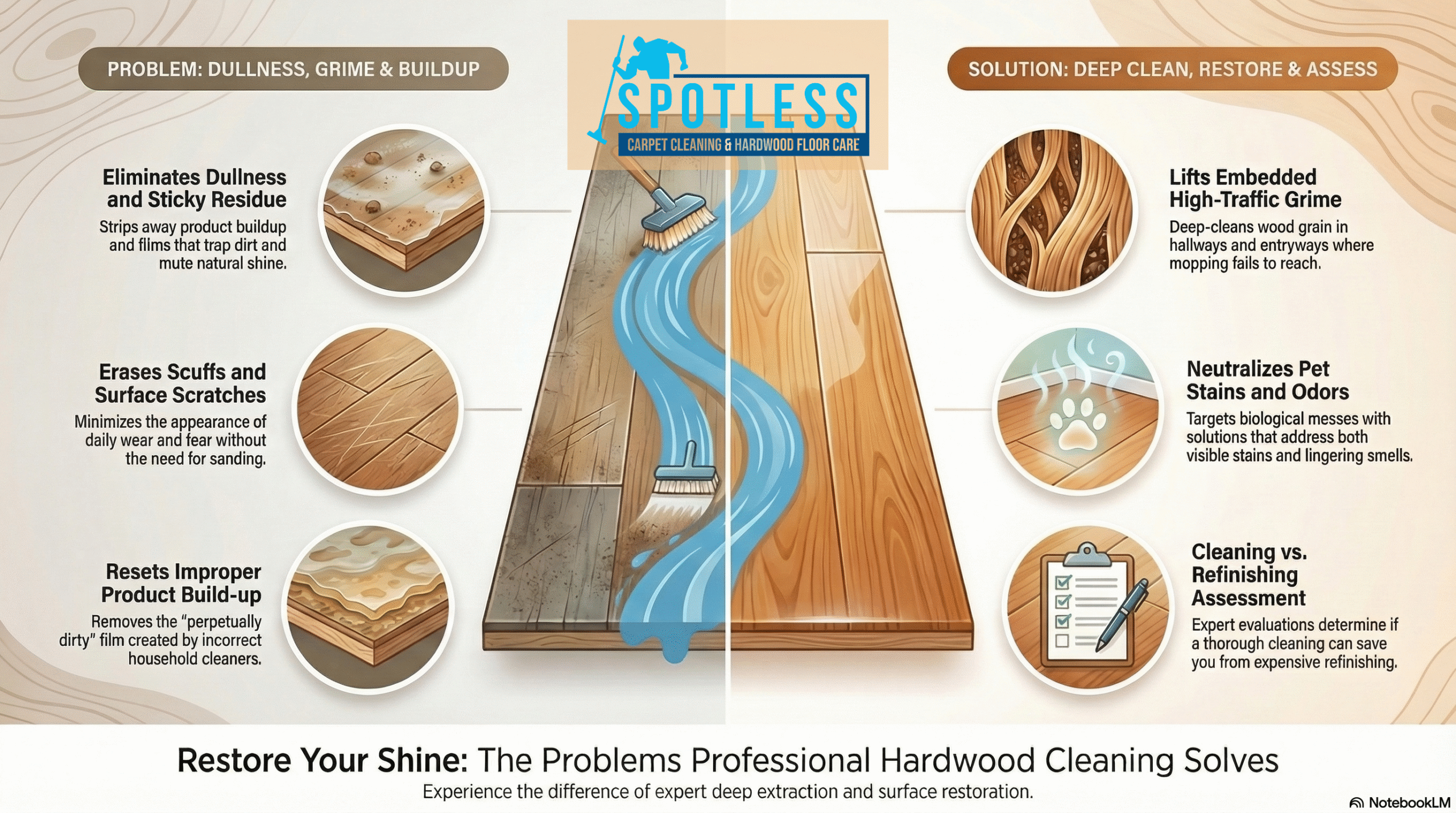 Hardwood Floor Cleaning Alexandria VA by Spotless Carpet Cleaning: Infographic showing grime removal and surface restoration.