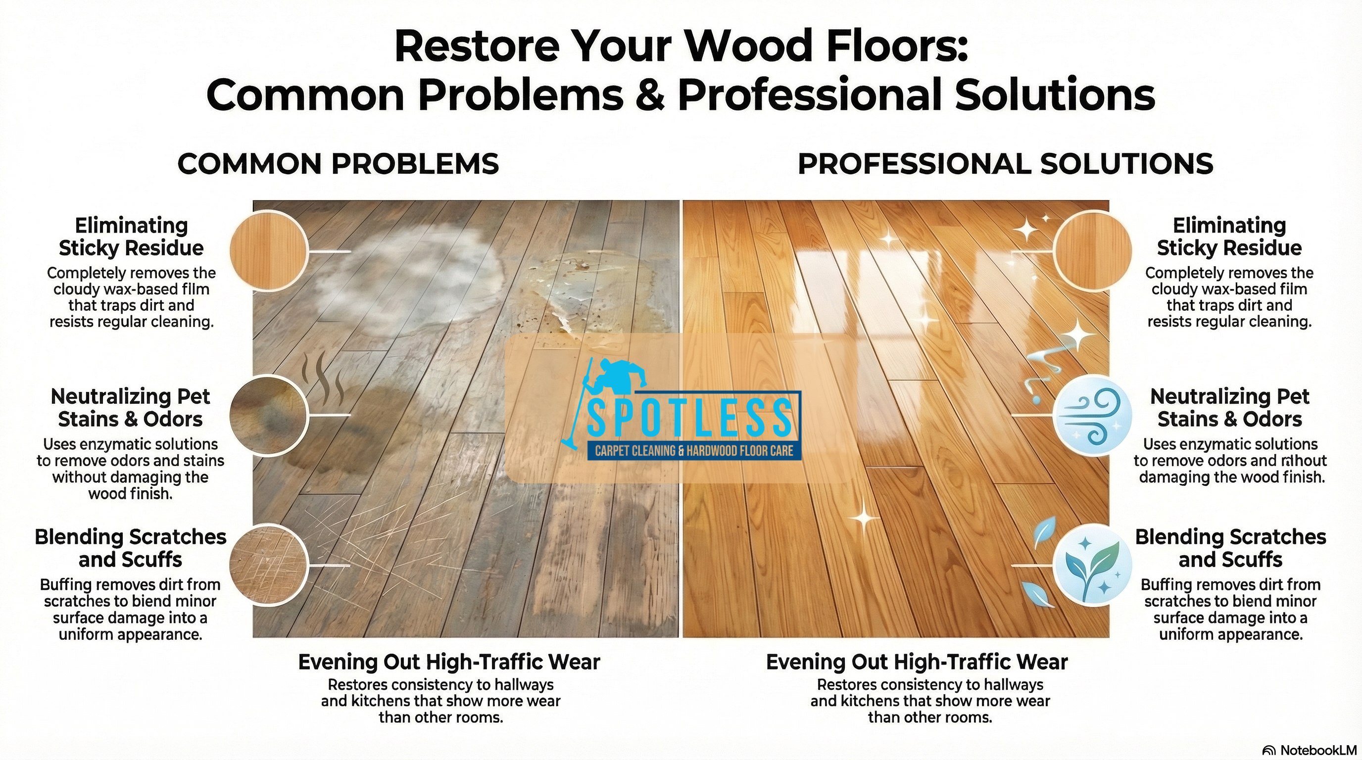Hardwood Floor Cleaning Woodbridge VA by Spotless Carpet Cleaning & Hardwood Floor Care fixes stains and scratches.