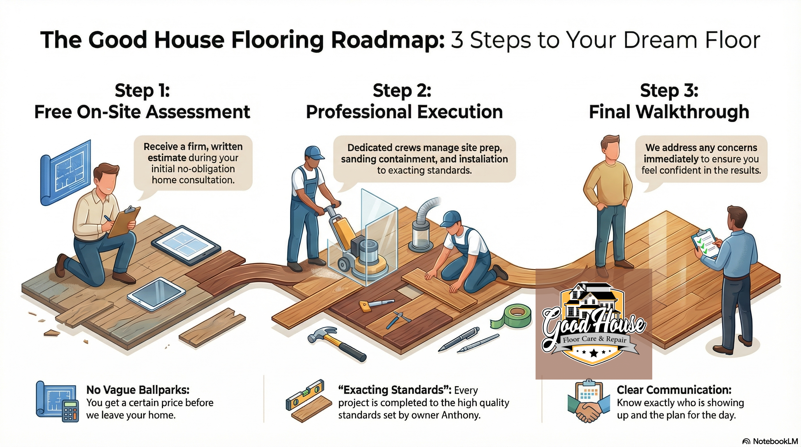 The 3-step hardwood floor installation Morganton NC roadmap by Good House Floor Care, from assessment to final walkthrough.