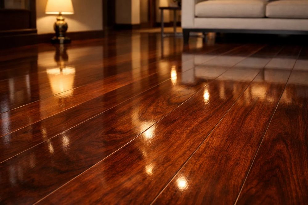 Close-up of a mirror-like finish after Hardwood Floor Polishing & Maintenance Bellevue WA.