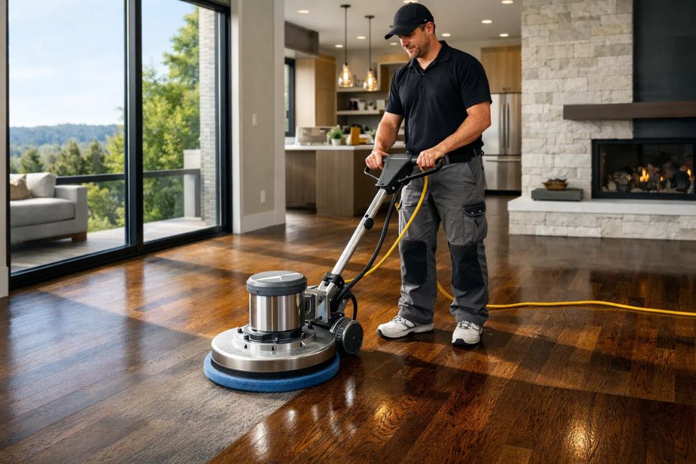 Professional technician performing Hardwood Floor Polishing & Maintenance Bellevue WA in a modern home.