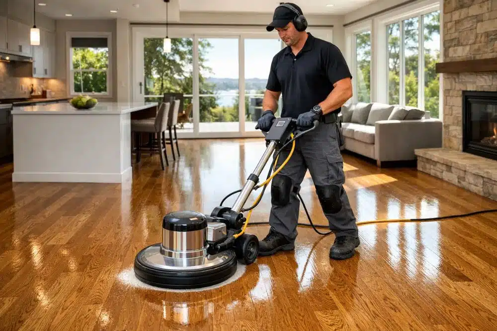 Professional Hardwood Floor Polishing & Maintenance Kirkland WA in progress using high-end machinery on oak flooring.