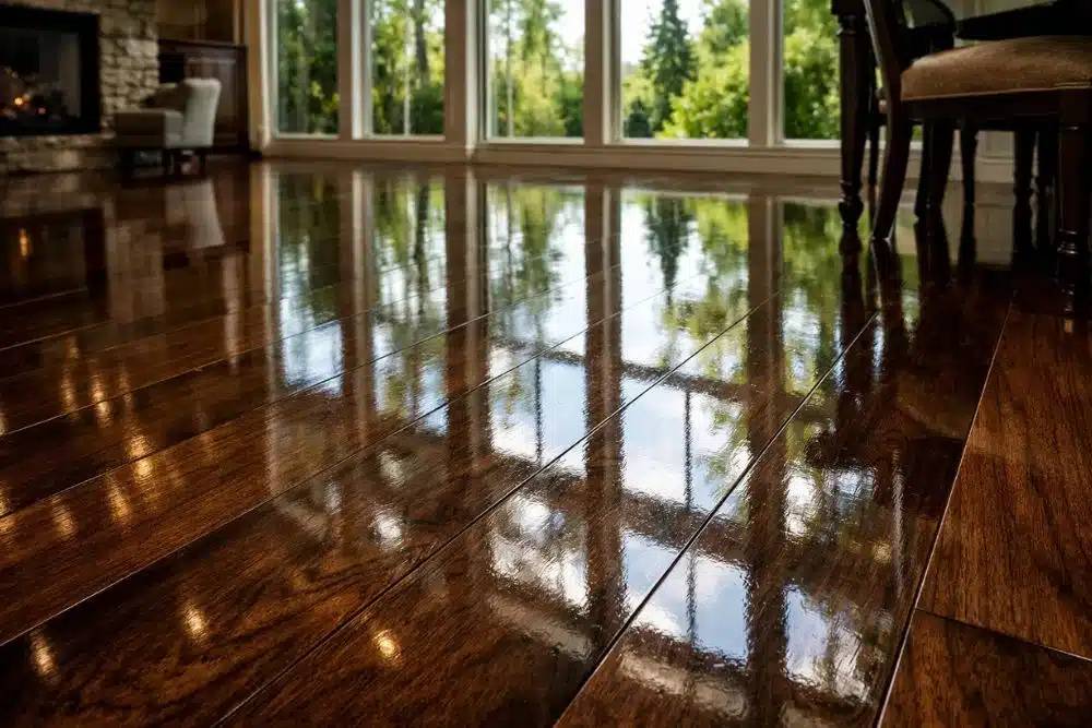 Flawlessly reflective dark walnut surface after expert Hardwood Floor Polishing & Maintenance Kirkland WA.