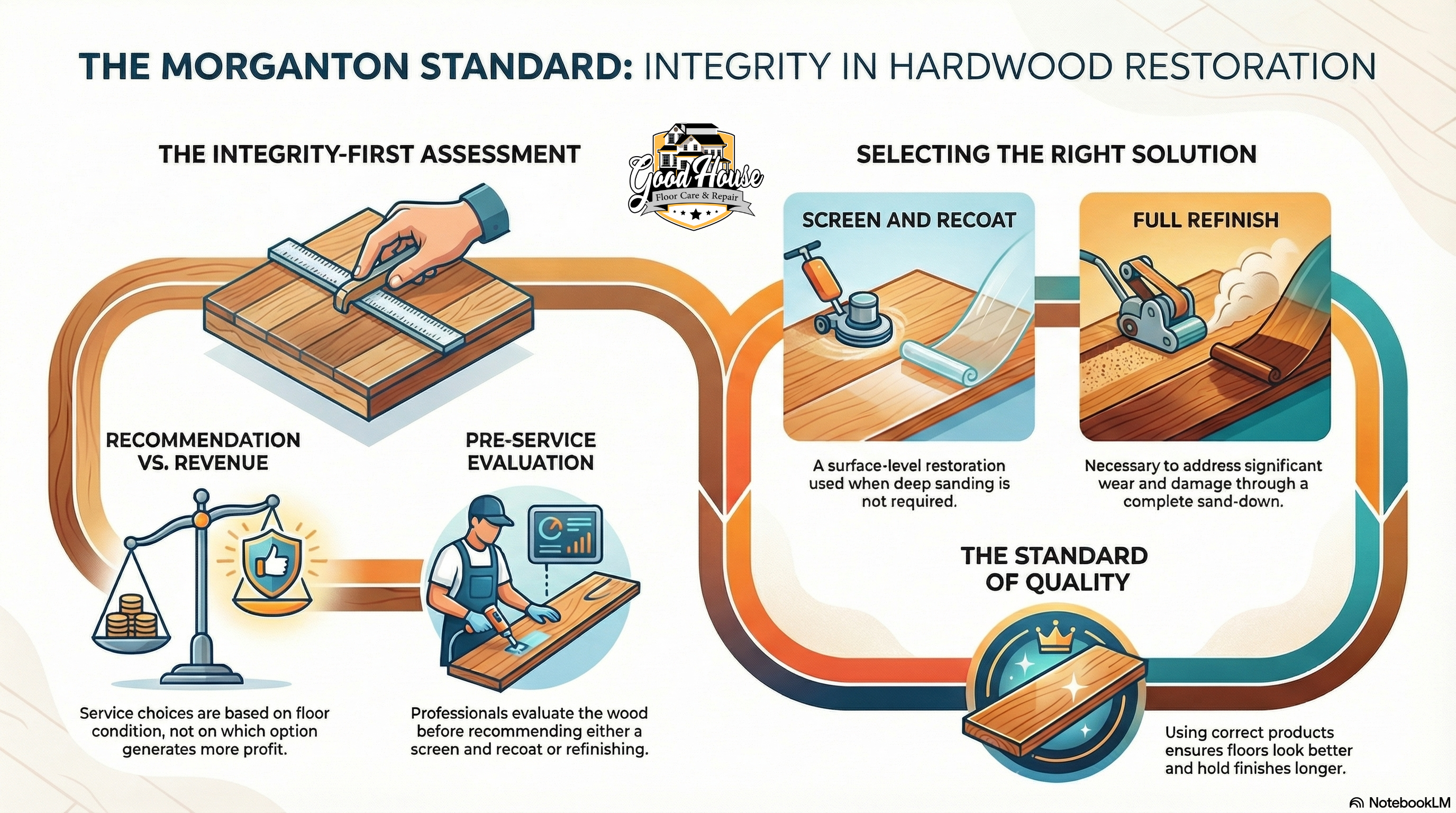 Good House Floor Care guide on Hardwood Floor Refinishing Morganton NC, explaining screen and recoat vs full refinishing.