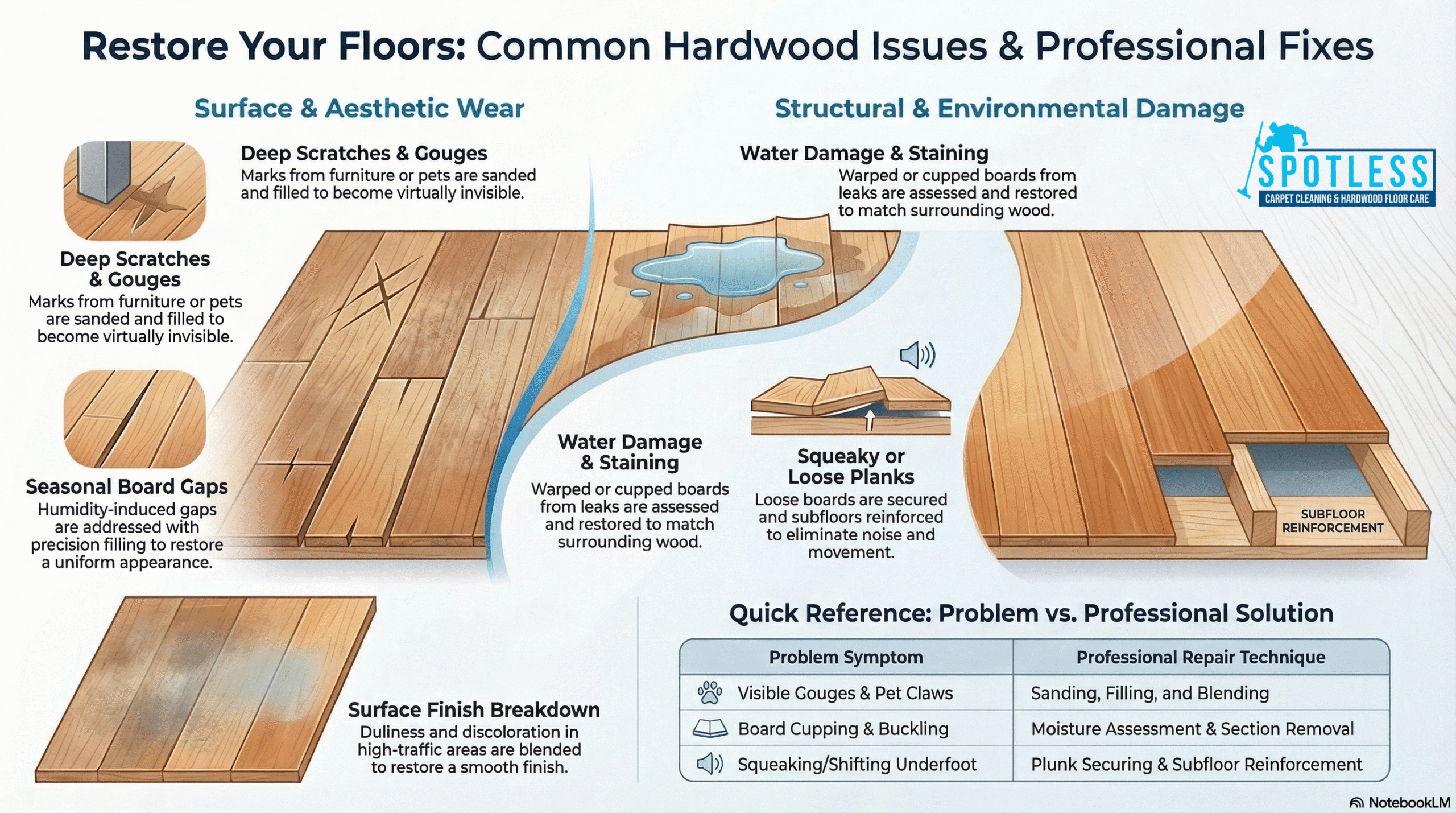 Hardwood Floor Repair Alexandria VA by Spotless: Infographic showing fixes for scratches, water damage, and squeaky planks.