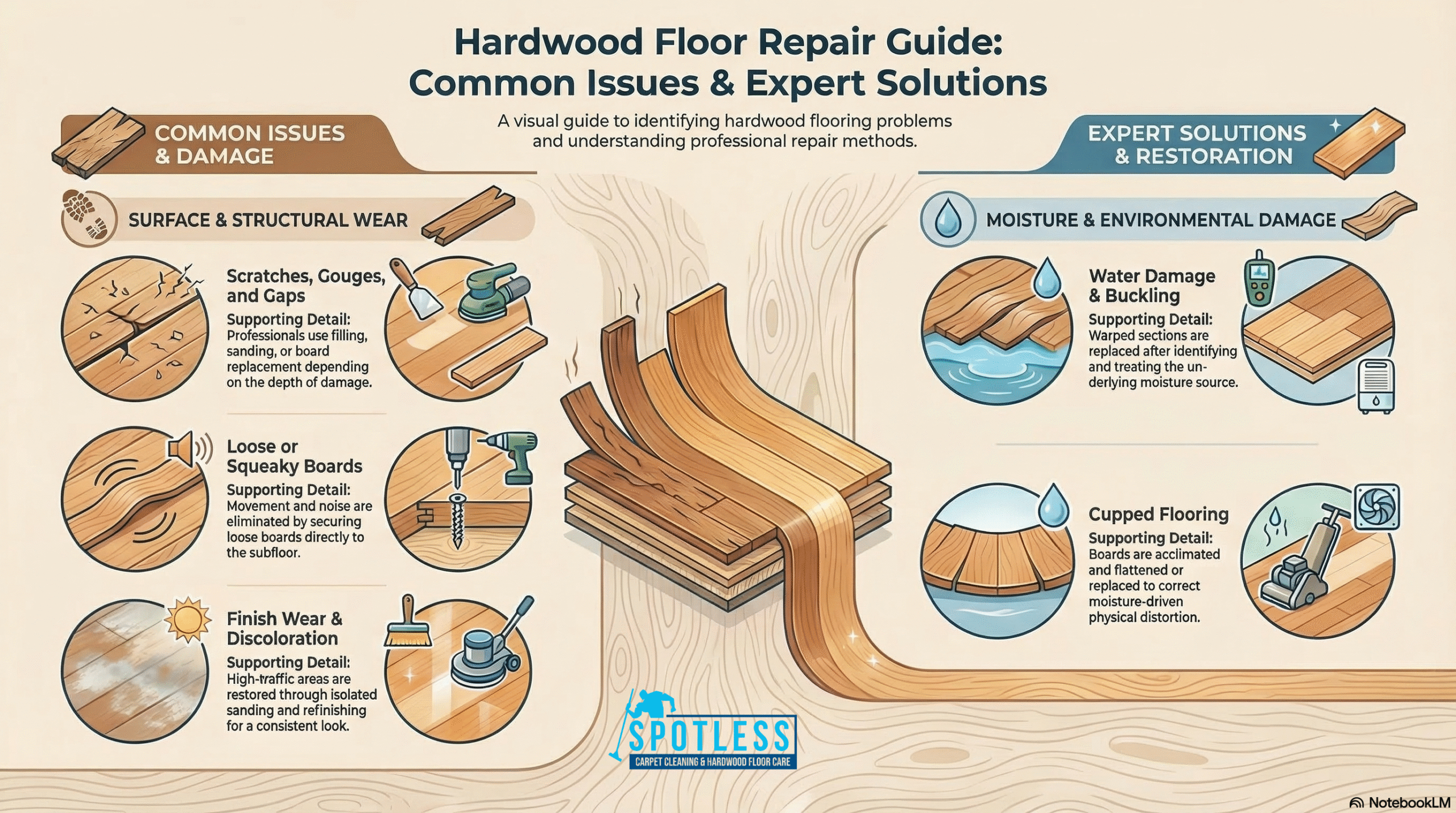 Guide on common damage & solutions by Spotless Carpet Cleaning & Hardwood Floor Care for Hardwood Floor Repair Woodbridge VA.