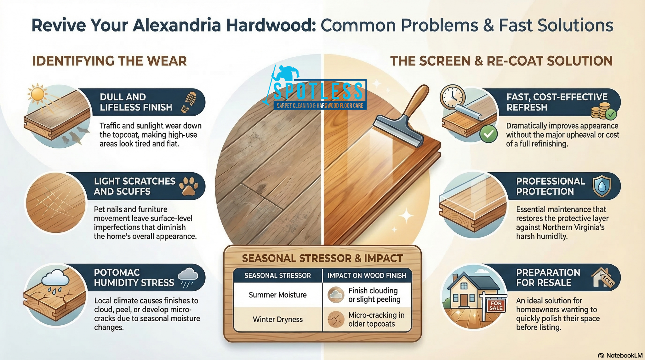 Hardwood Floor Screen & Re-Coat Alexandria VA infographic by Spotless Carpet Cleaning showing wood floor repair solutions.