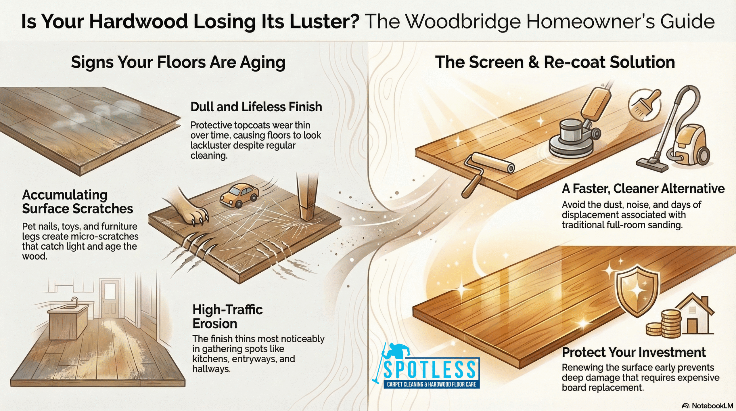 Guide to floor wear and Hardwood Floor Screen & Re-Coat Woodbridge VA by Spotless Carpet Cleaning & Hardwood Floor Care.