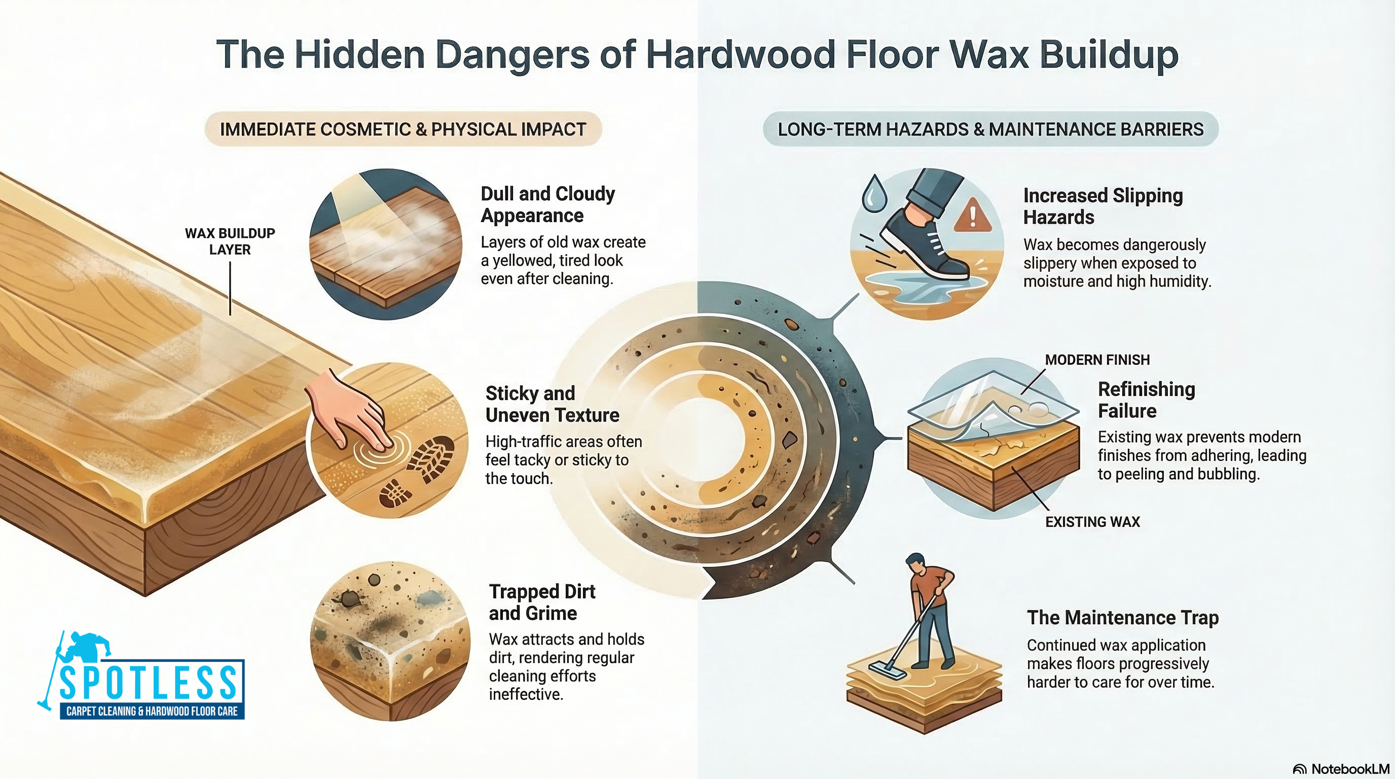 Hardwood Floor Wax Removal Alexandria VA infographic by Spotless Carpet Cleaning detailing the dangers of wax buildup.