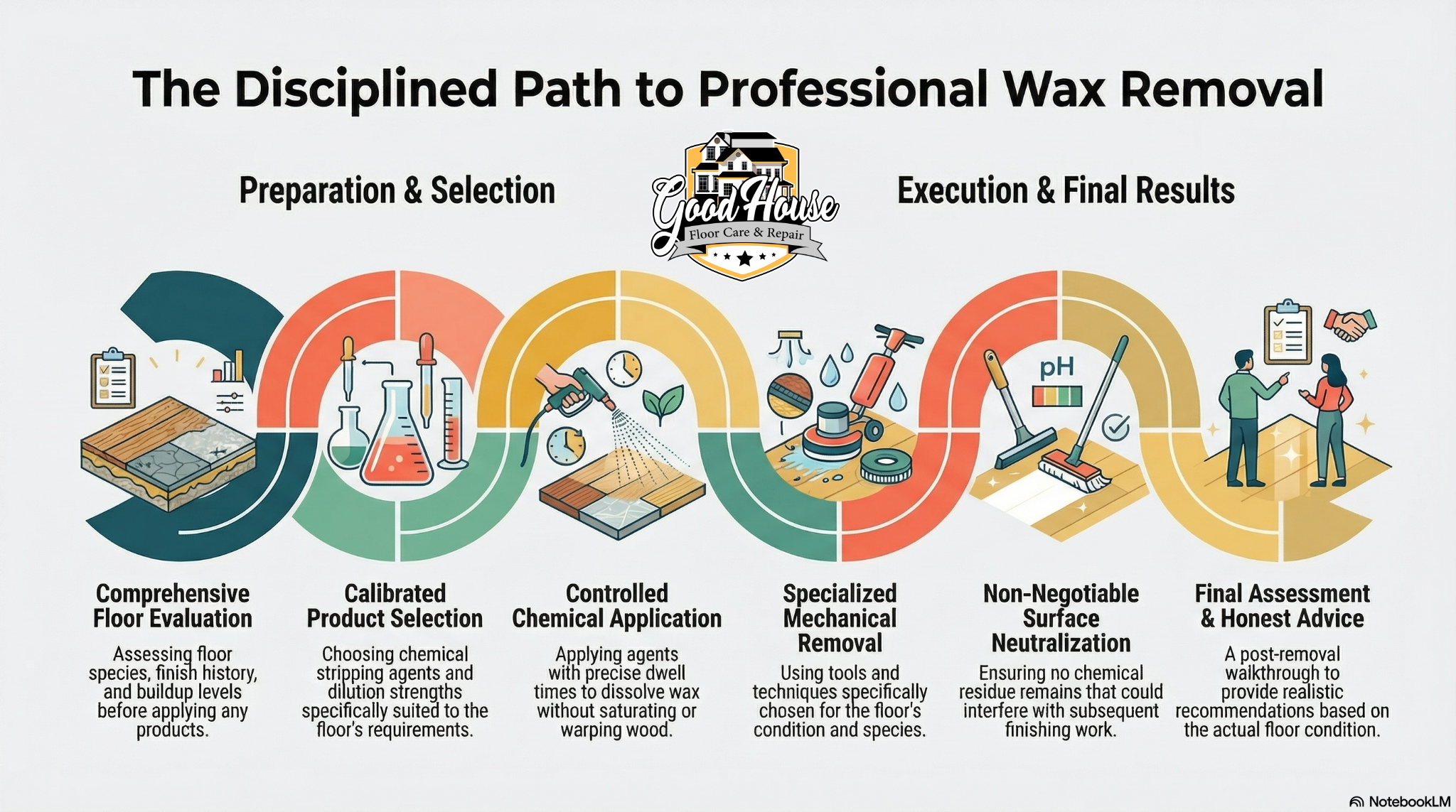 A 6-step infographic for Hardwood Floor Wax Removal Morganton NC by Good House Floor Care detailing their professional process.
