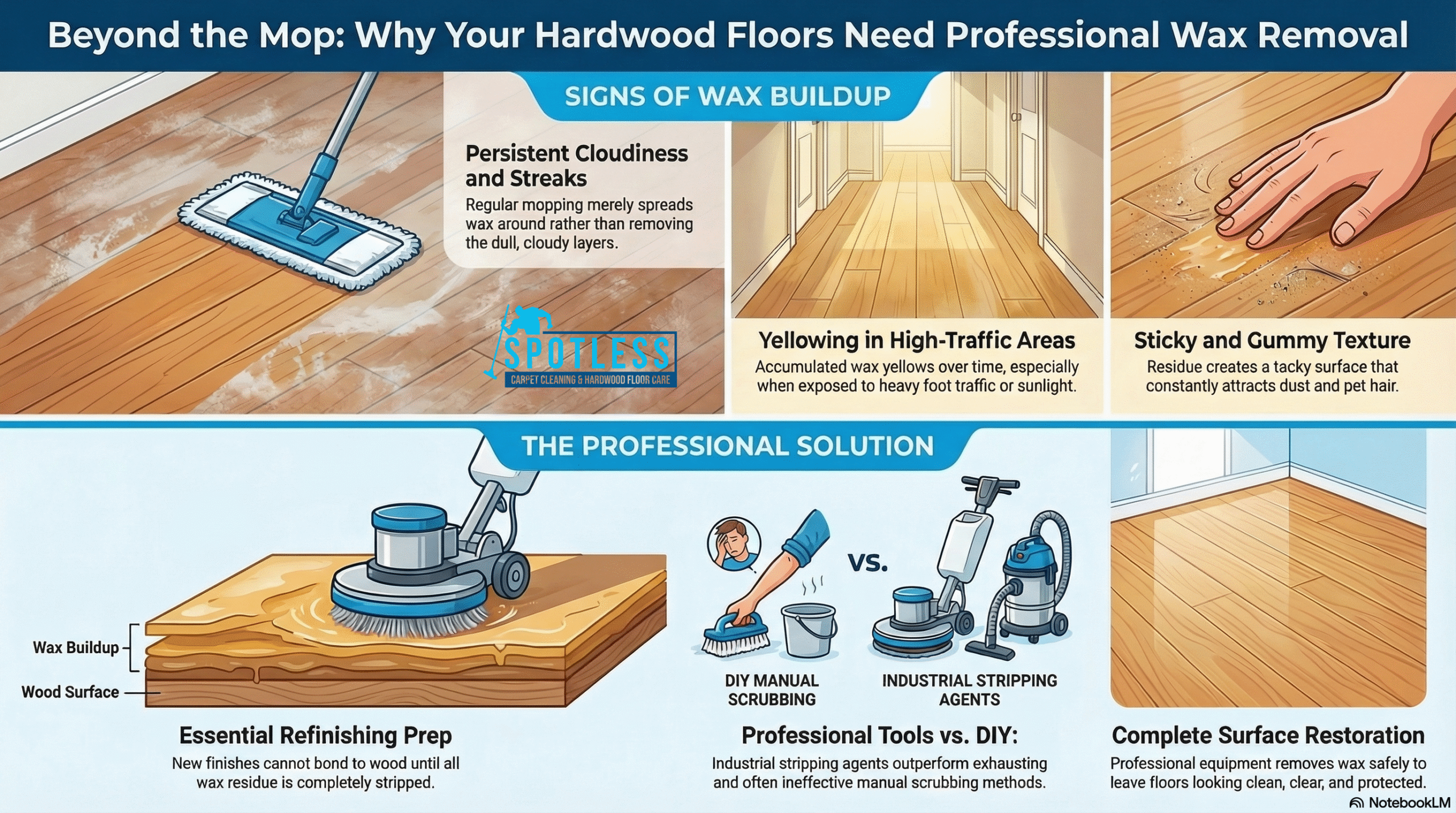 Hardwood Floor Wax Removal Woodbridge VA infographic by Spotless showing signs of buildup like cloudiness and gummy residue.