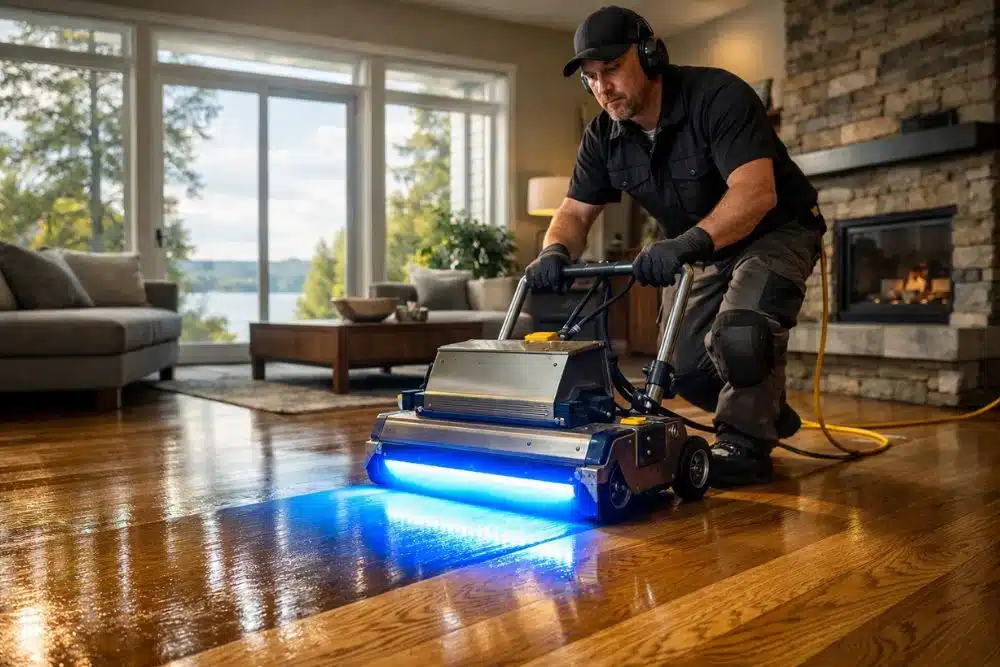 Professional technician performing Instant UV Curing Kirkland WA on a hardwood floor.