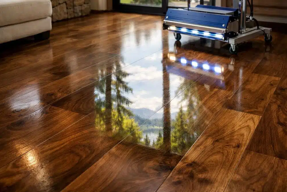 Beautifully finished walnut hardwood floor after Instant UV Curing Kirkland WA.