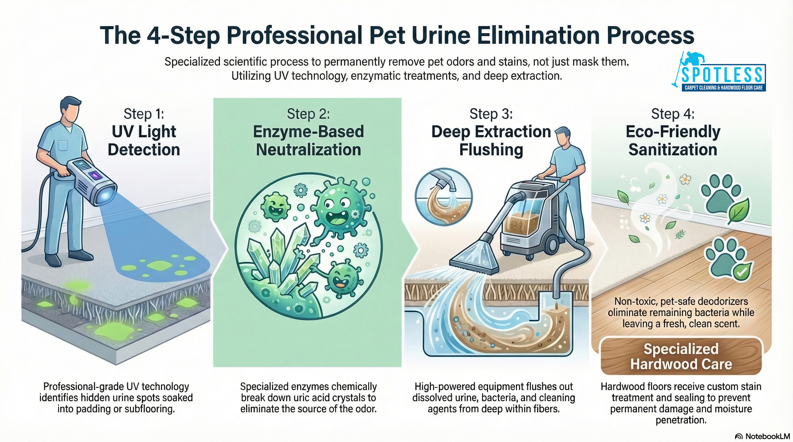 The 4-step Pet Urine Treatment Alexandria VA process by Spotless Carpet Cleaning featuring UV detection and enzyme flushing.