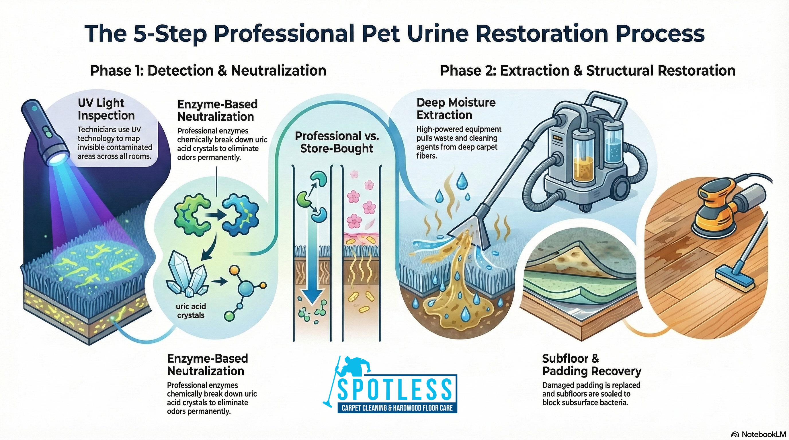 5-step guide for Pet Urine Treatment Woodbridge VA by Spotless Carpet Cleaning & Hardwood Floor Care.