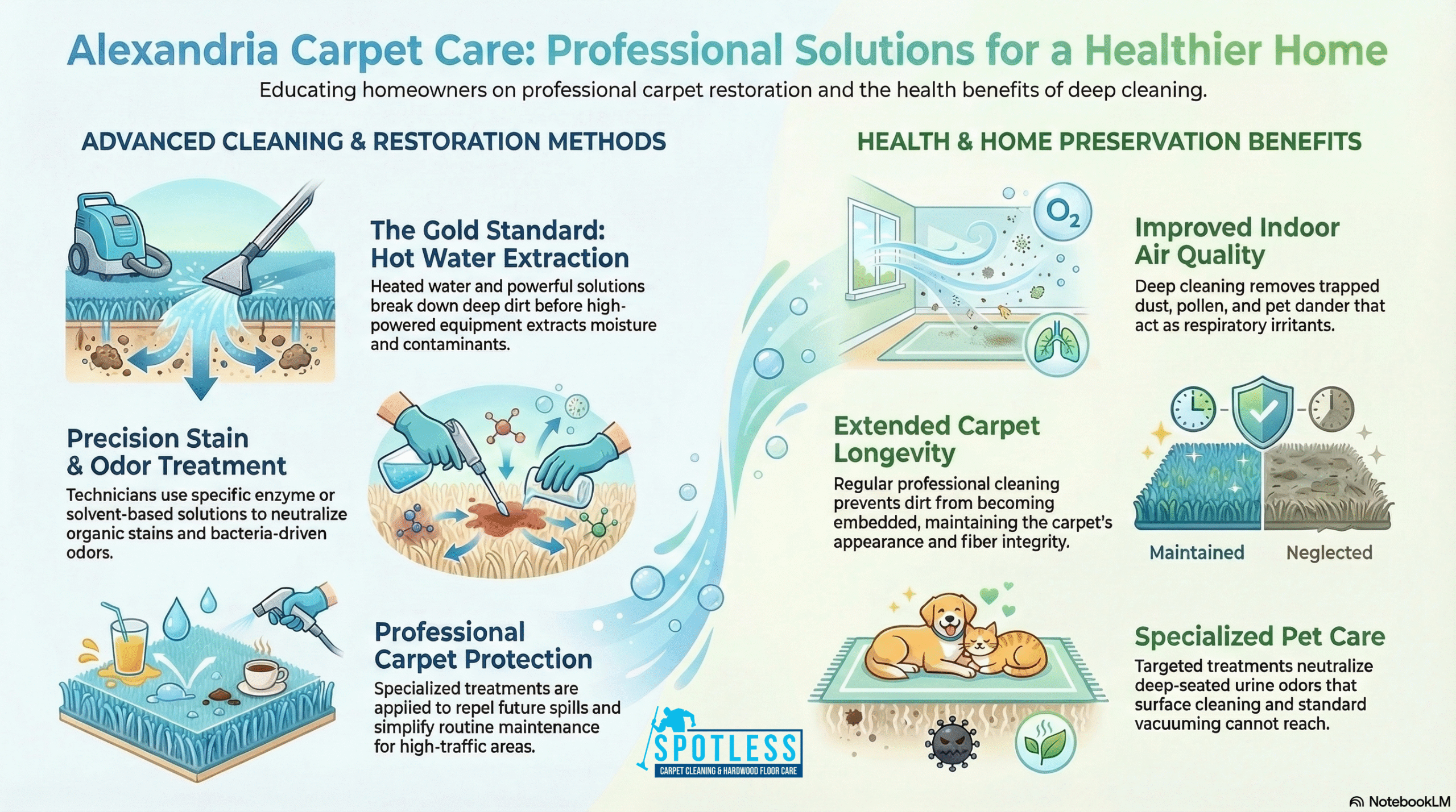 Residential Carpet Cleaning Alexandria VA infographic by Spotless showing hot water extraction and pet odor removal benefits.