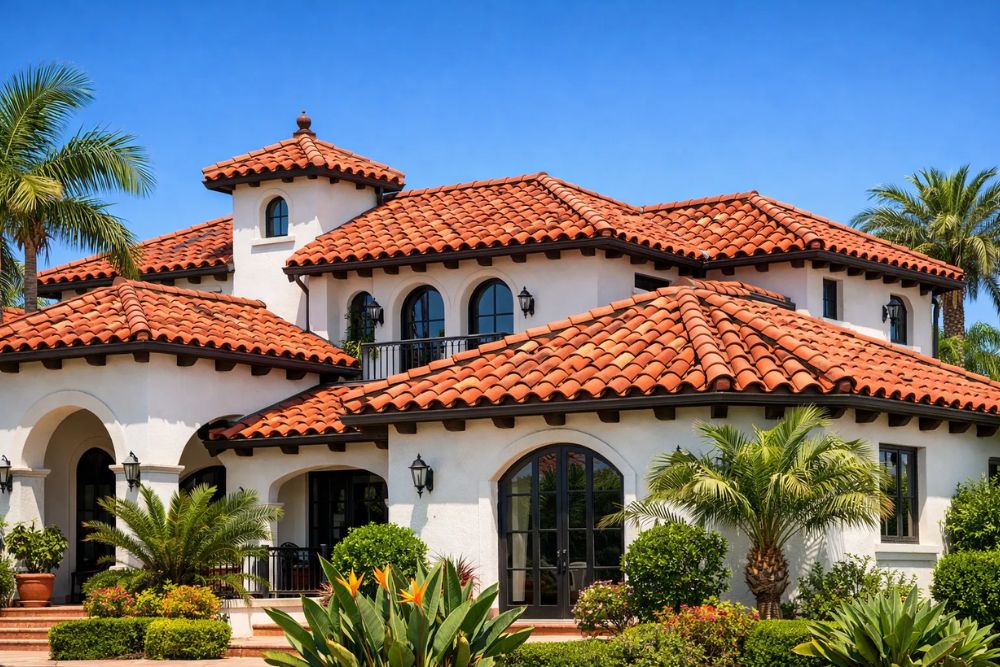 Luxury Mediterranean villa with traditional red clay tile residential roofing in Pompano Beach, Florida.
