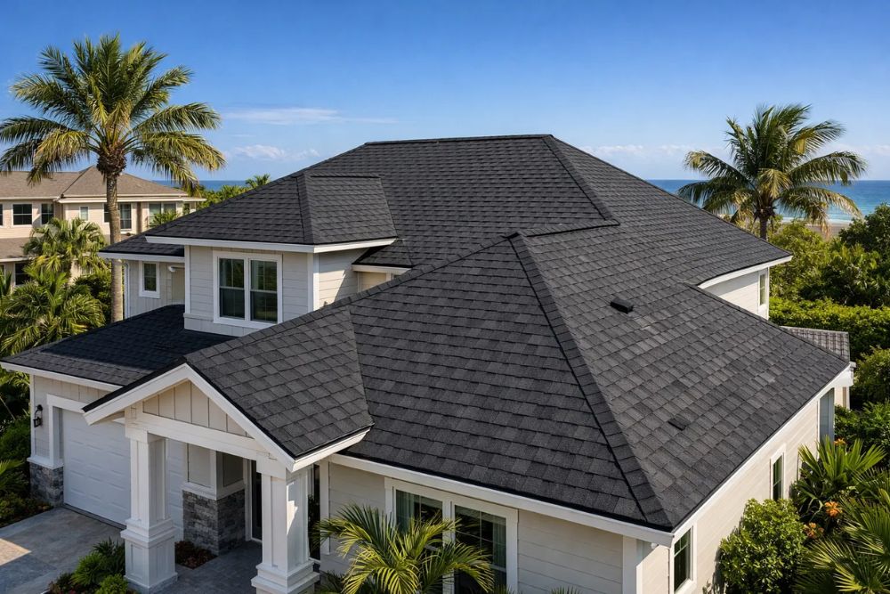 New charcoal asphalt shingle Residential Roofing Pompano Beach.