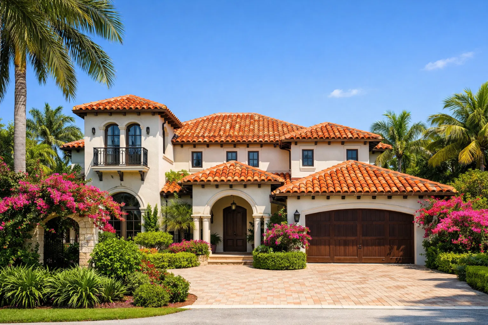 Traditional terracotta barrel tile roof on a Mediterranean villa, representing high-end Residential Roofing West Palm Beach craftsmanship.