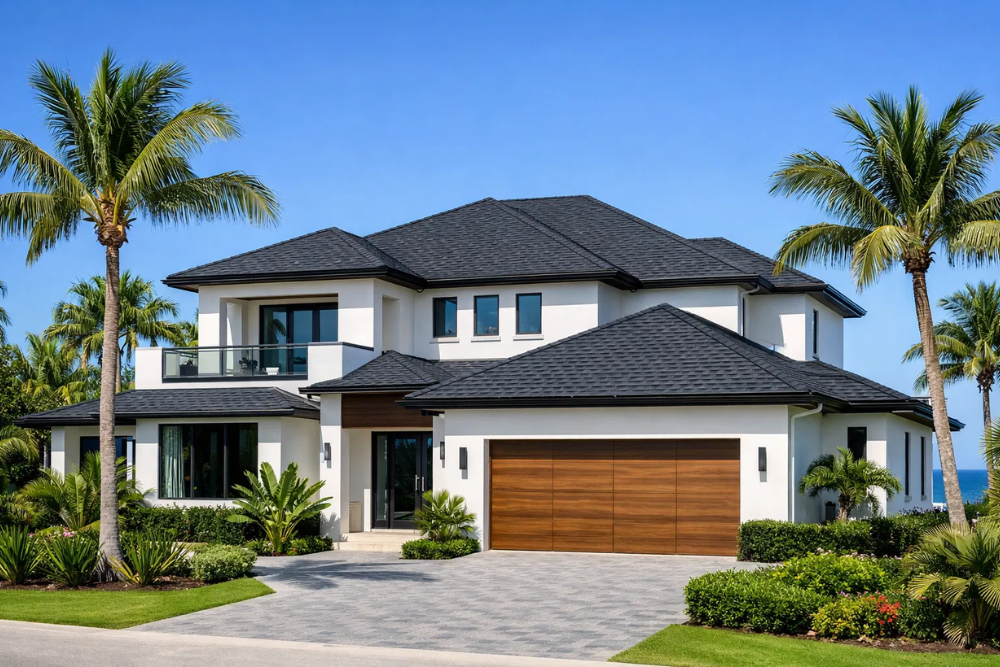 Expertly installed charcoal grey asphalt shingle roof on a modern coastal home, showcasing premium Residential Roofing West Palm Beach services.