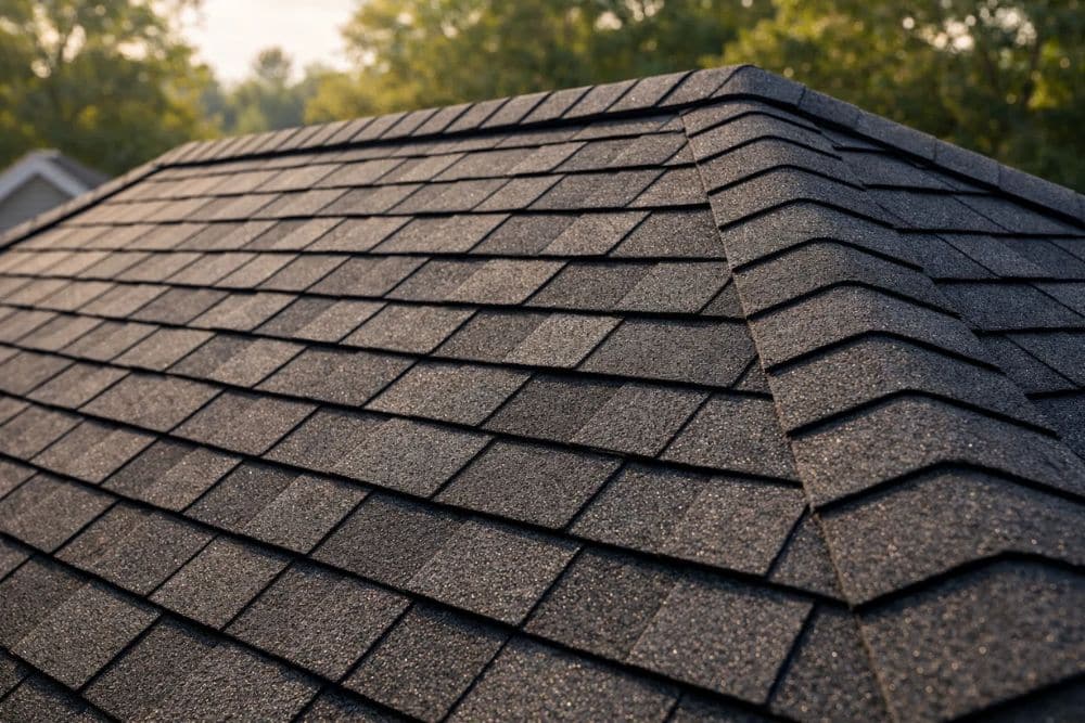 Close-up of newly installed charcoal grey asphalt shingles on a roof.