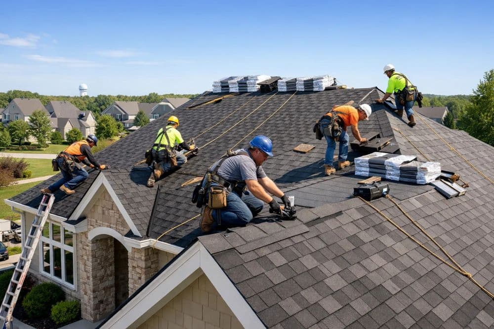 Professional roofing crew installing new shingles on a residential home in New Berlin.