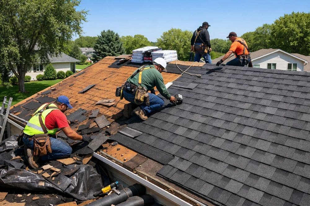 Professional crew performing a roof replacement in New Berlin, installing new asphalt shingles.